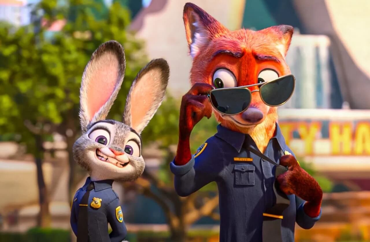 Judy Hopps and Nick Wilde in the official poster for Zootopia 2, standing in front of the Zootopia skyline.