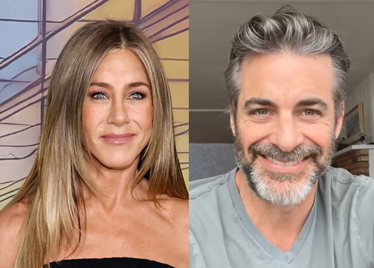 Jennifer Aniston hugs Jim Curtis in Instagram post confirming relationship.