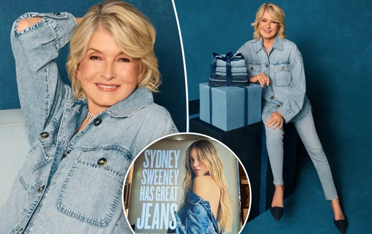 Martha Stewart wraps gifts with denim in American Eagle holiday campaign wearing full denim outfit.