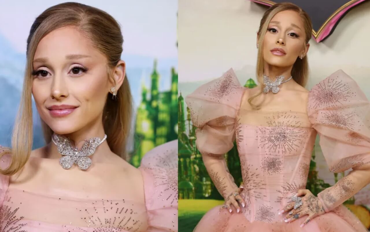 Ariana Grande in pale blue Vivienne Westwood gown during SNL monologue.