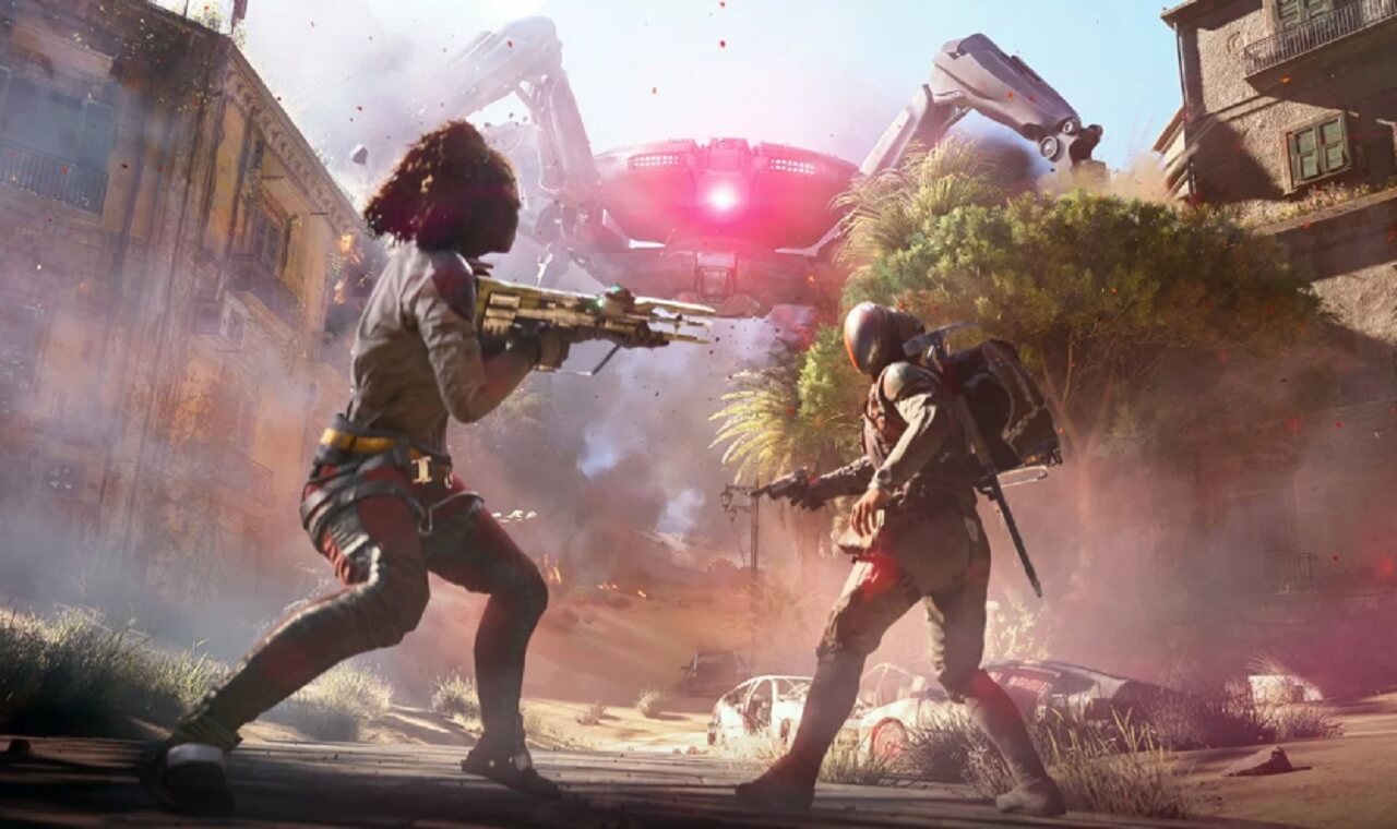 ARC Raiders players fighting robotic enemies in a sci‑fi environment.