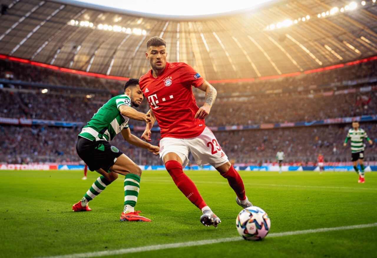 Bayern Munich and Sporting CP players walk onto the pitch at Allianz Arena before Champions League match.