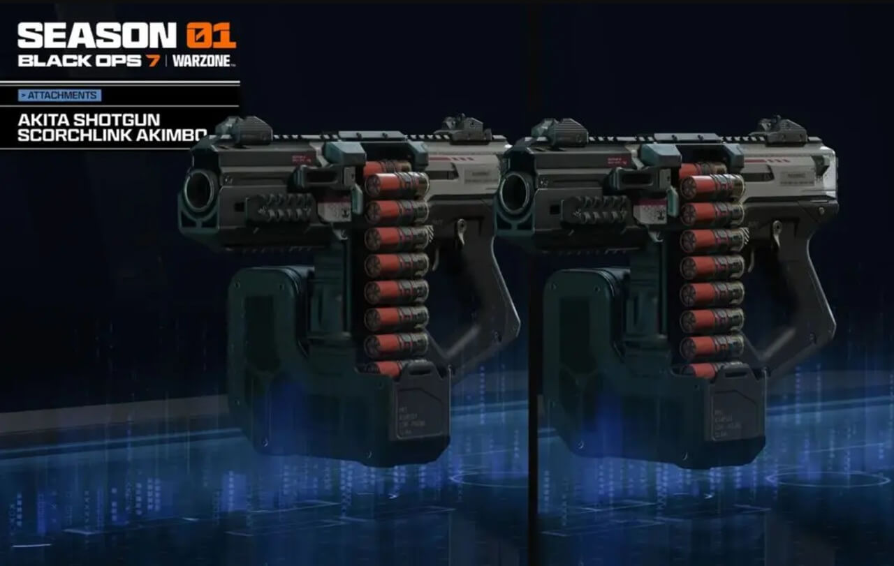 Player dual-wielding Akita Akimbo Shotguns in Black Ops 7 multiplayer match.