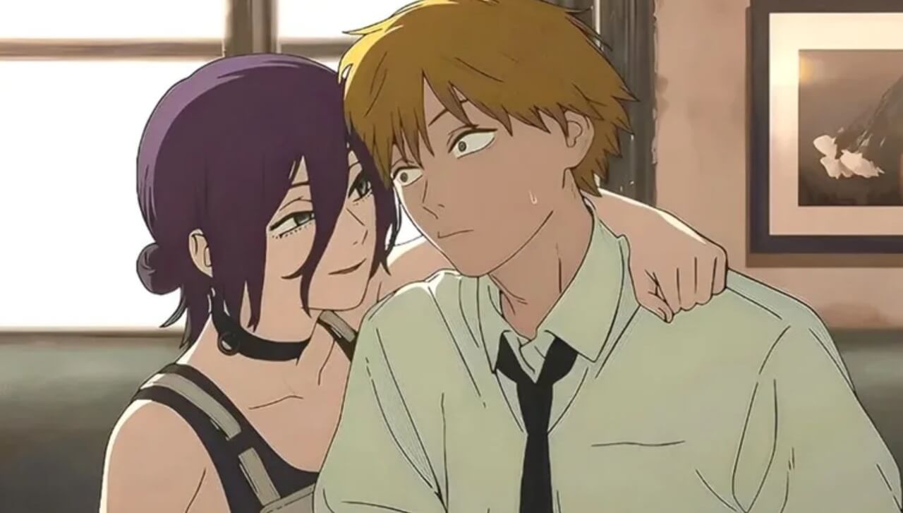 Denji and Reze sharing an emotional close-up scene from Chainsaw Man – The Movie: Reze Arc.