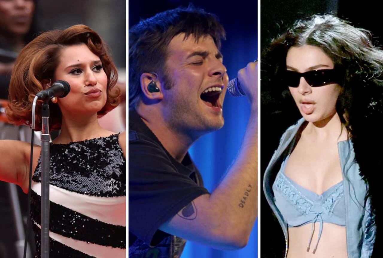 Charli XCX performs live on stage with bright lights and cheering festival audience.