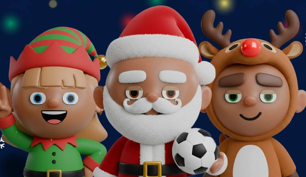 OneFootball Christmas Heads avatars featuring Santa, Mrs. Claus, Rudolph, and the Elf.