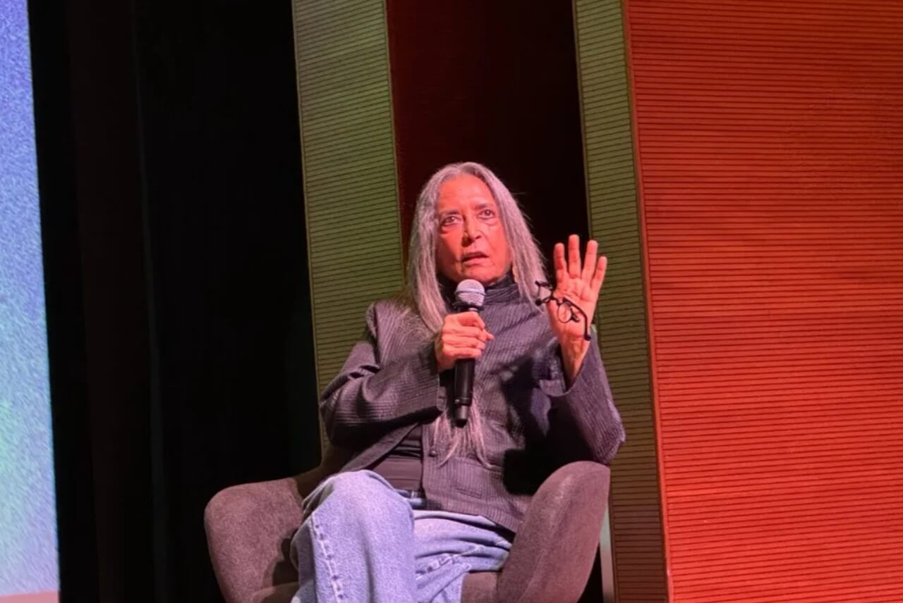 Director Deepa Mehta discussing career and filmmaking during a panel at the Singapore International Film Festival.