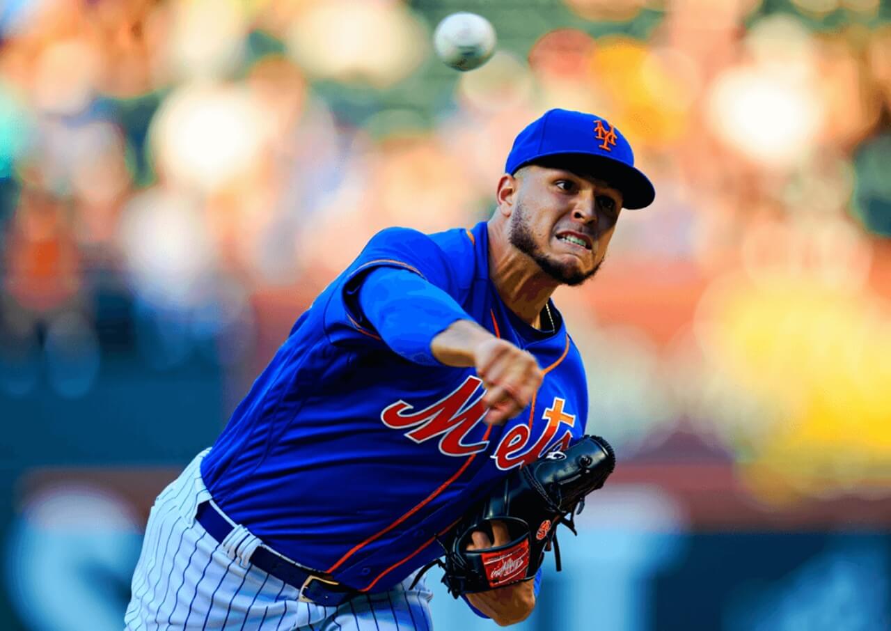 Devin Williams in Mets uniform after signing three-year contract at Citi Field.