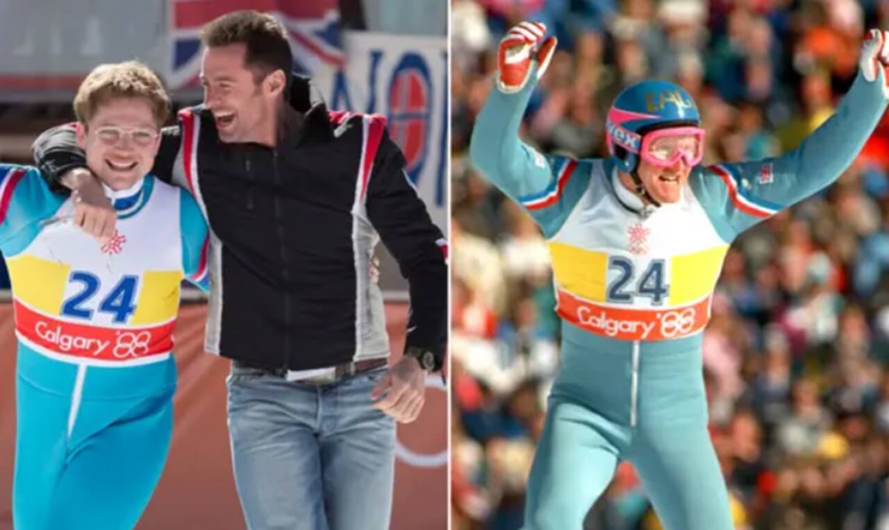 Eddie the Eagle wears replica Olympic helmet during interview in Gloucester, England.