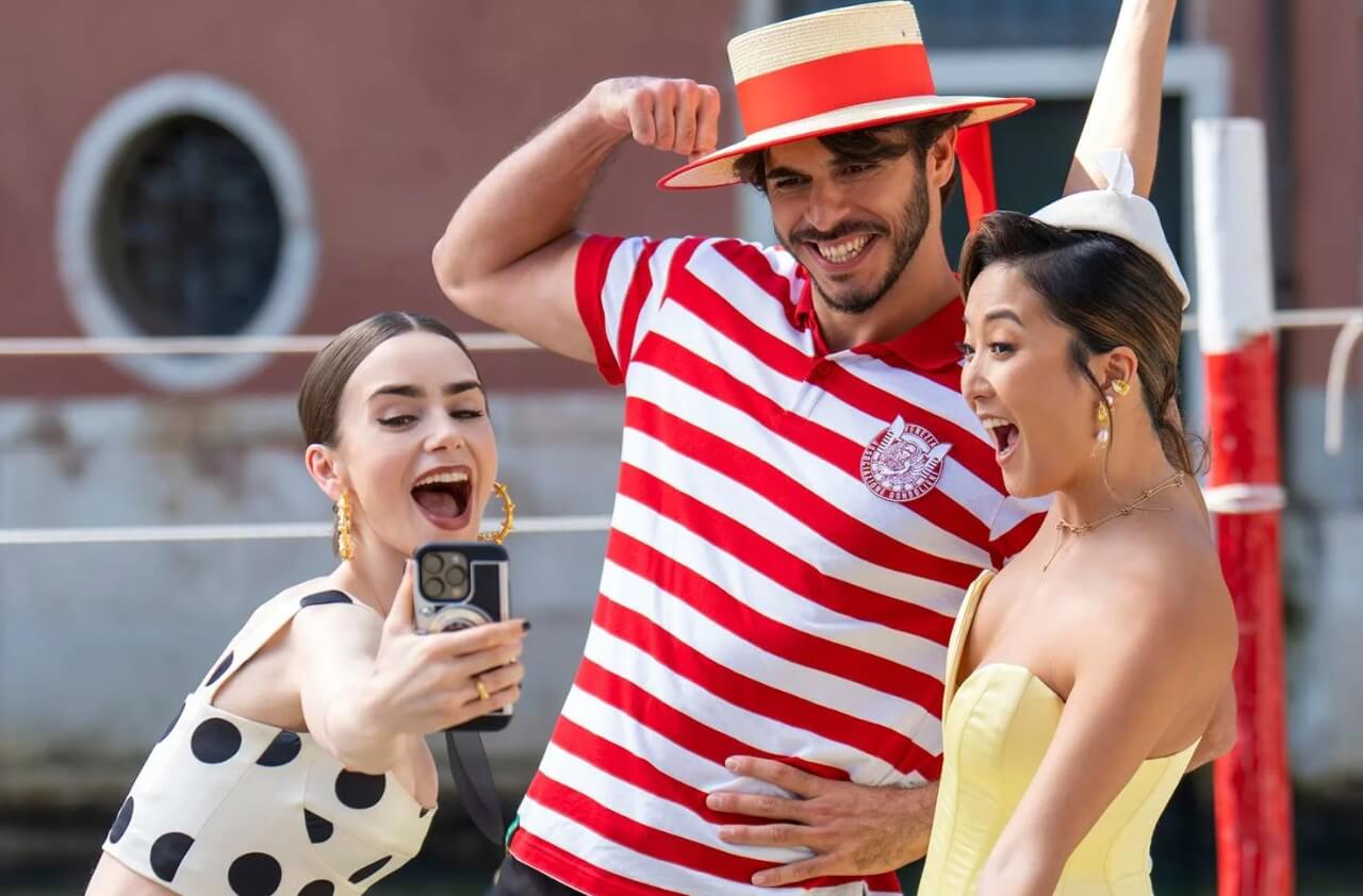 Lily Collins as Emily in Rome in a scene from Emily in Paris season five.