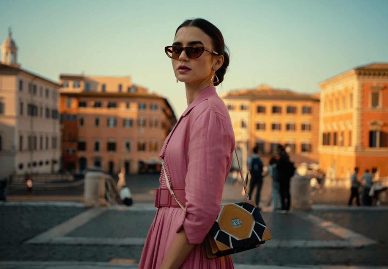 Emily from Emily in Paris season 5 exploring Rome in a stylish outfit.