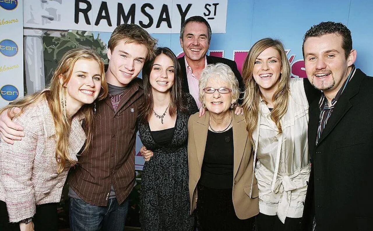 Neighbours cast on Ramsay Street during filming of the final 2025 episode