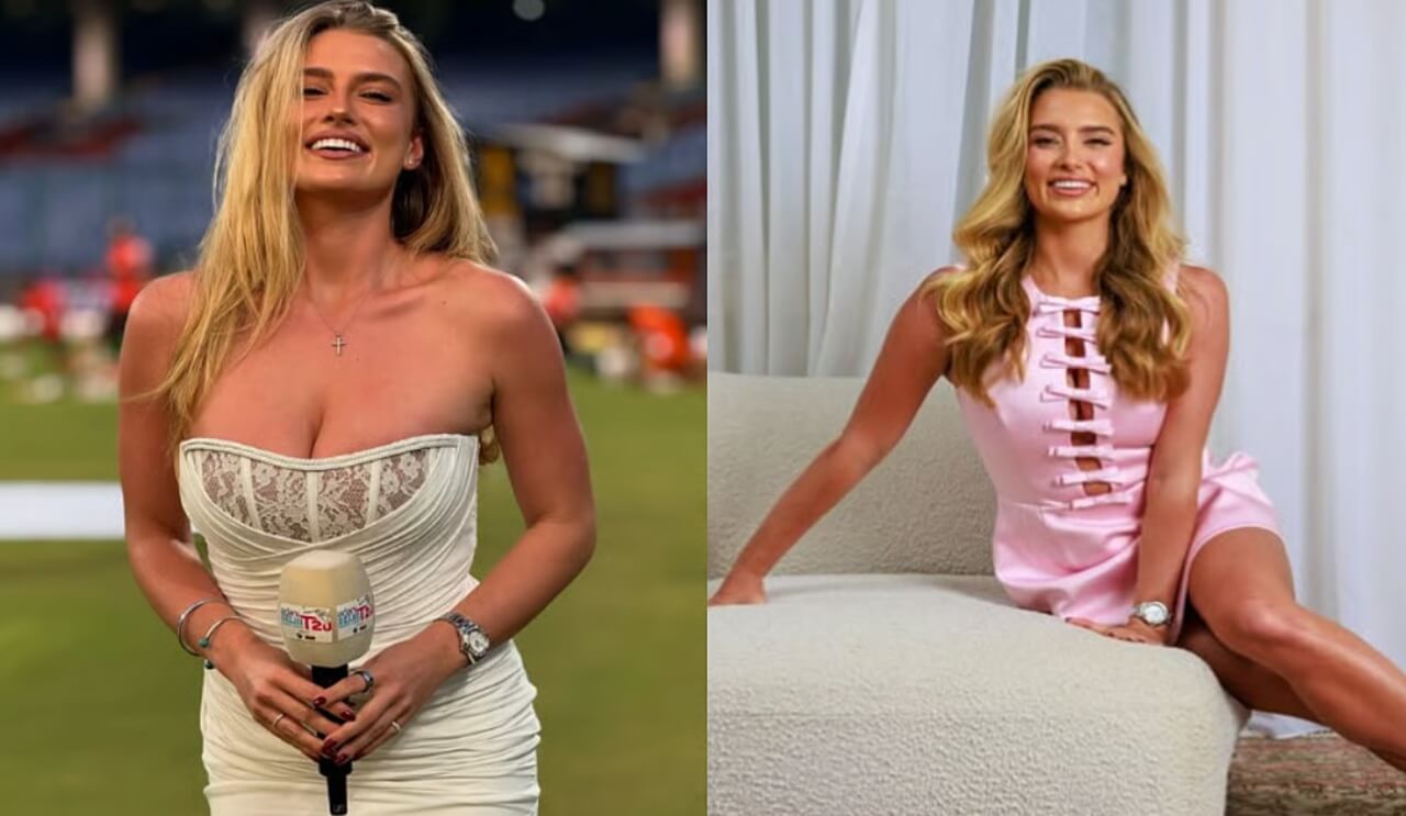 Grace Hayden taking field-level cricket selfies in cream dress.