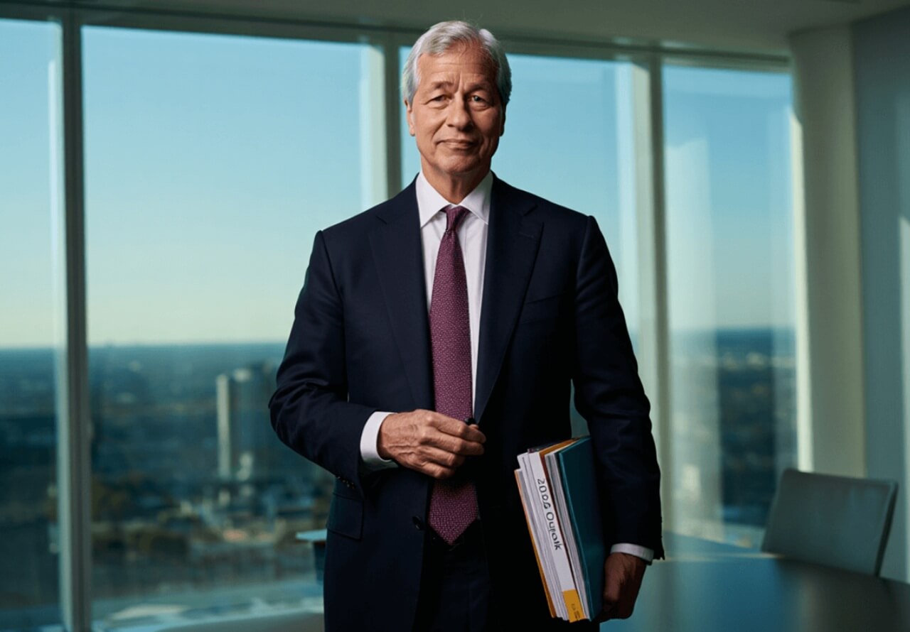 JPMorgan headquarters with rising stock chart showing record-high JPM stock level.