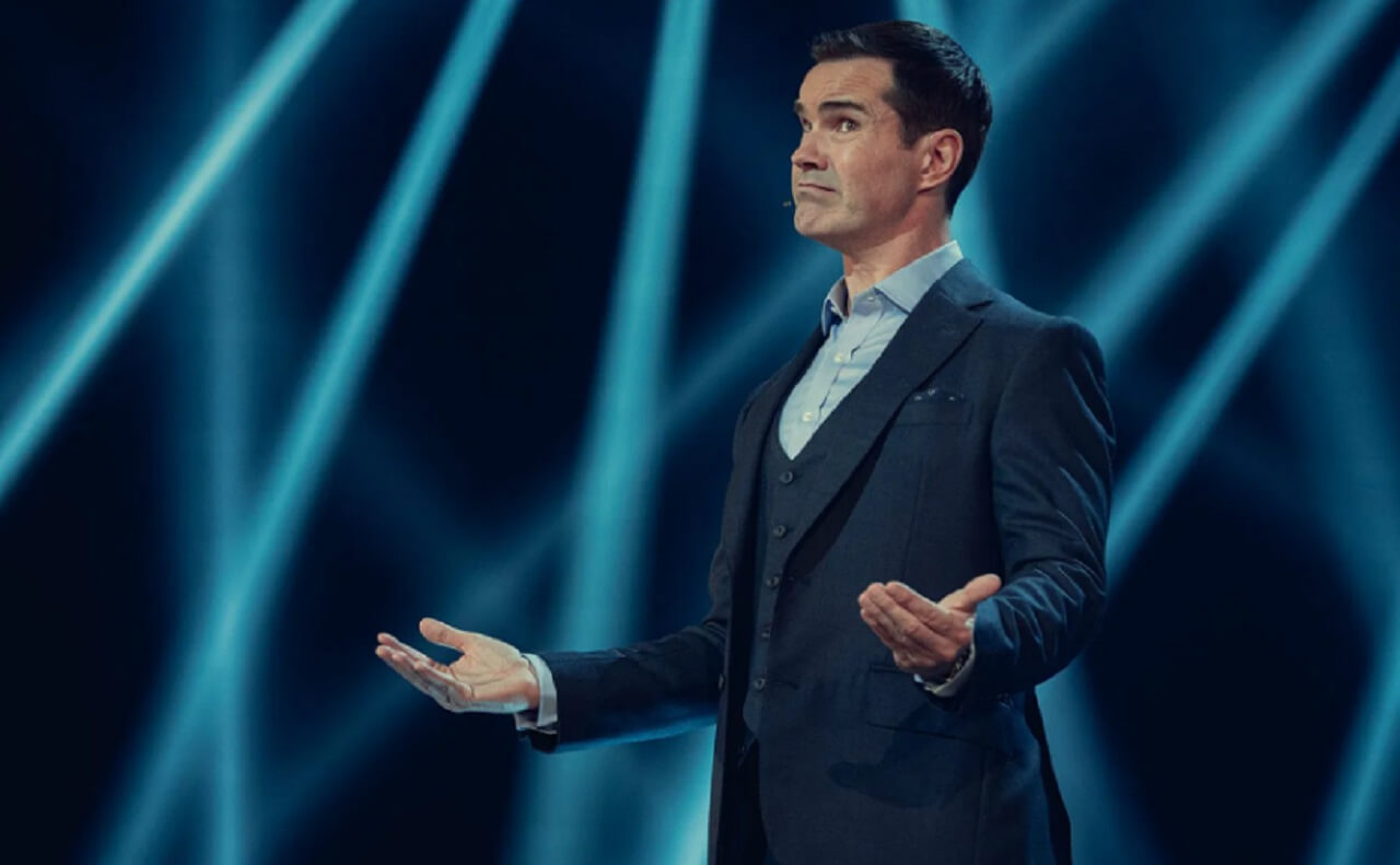Comedian Jimmy Carr delivering stand-up during his arena tour.