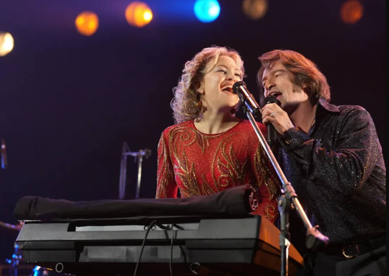 Kate Hudson and Hugh Jackman recording “Cherry, Cherry” for Song Sung Blue soundtrack.