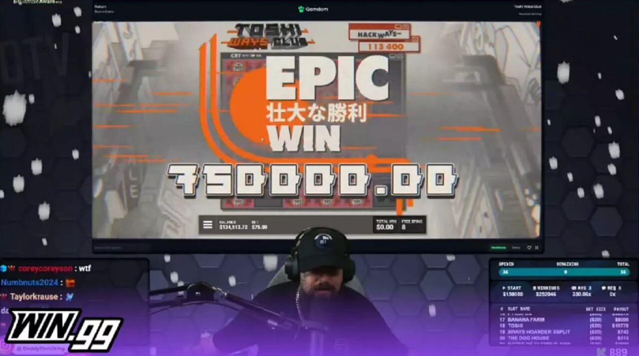 Slot game showing a 24,000x multiplier and max-win notification during DoddytheViking’s stream.