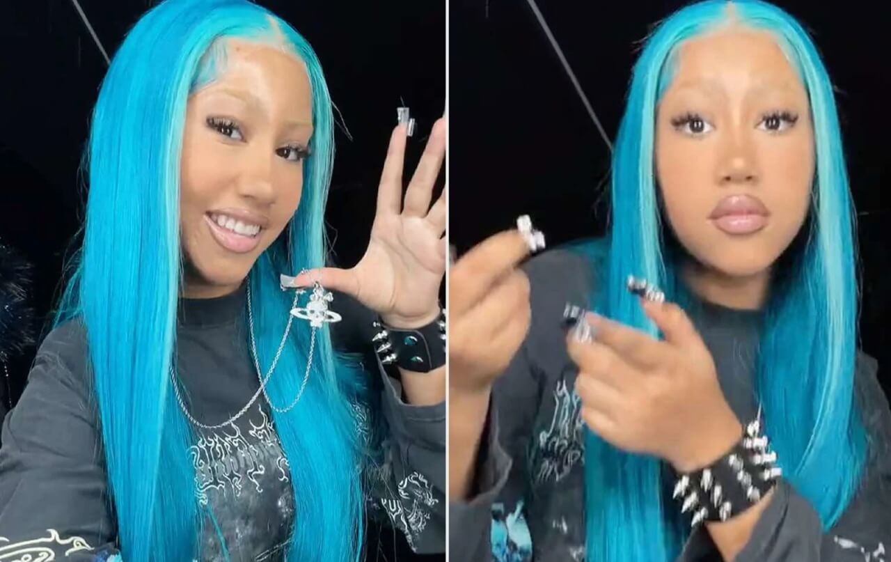North West shows bleached eyebrows and blue wig in TikTok video