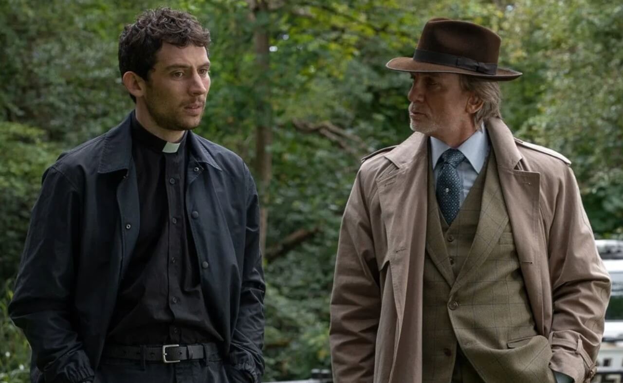 Benoit Blanc enters church in Wake Up Dead Man scene.