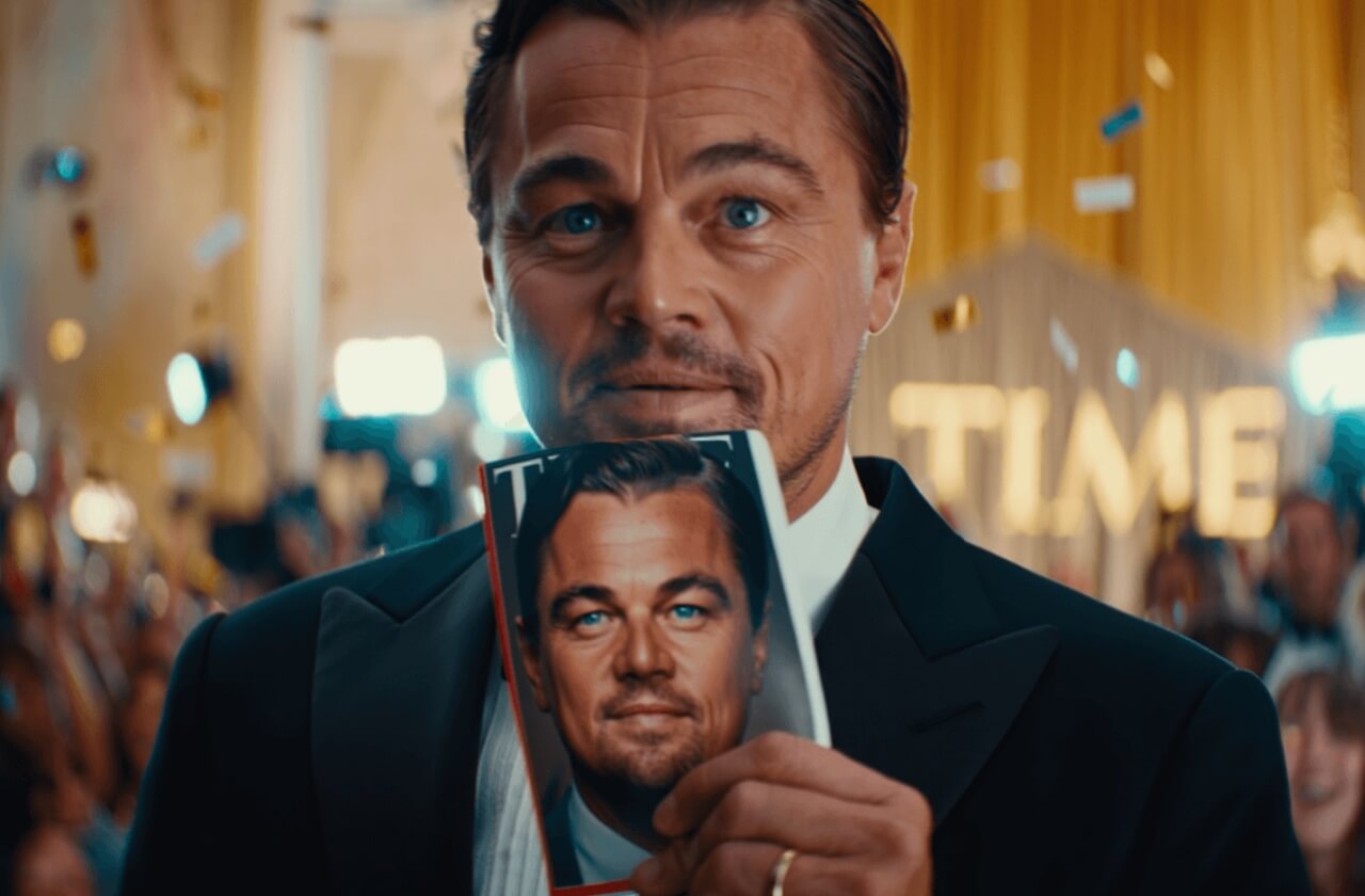 Leonardo DiCaprio smiling on stage after being named TIME Entertainer of the Year.