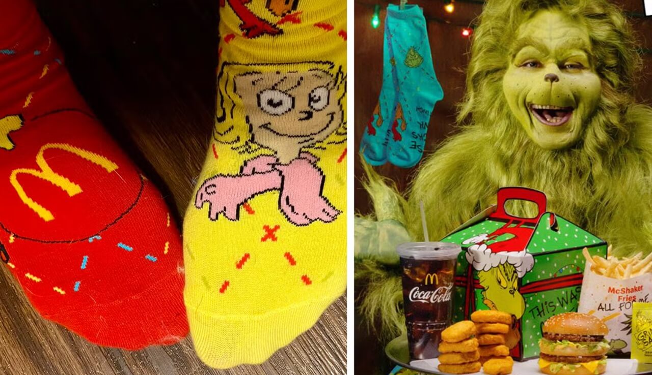 McDonald’s Grinch Meal featuring fries, drink, Big Mac, and limited-edition Grinch socks for holiday promotion.