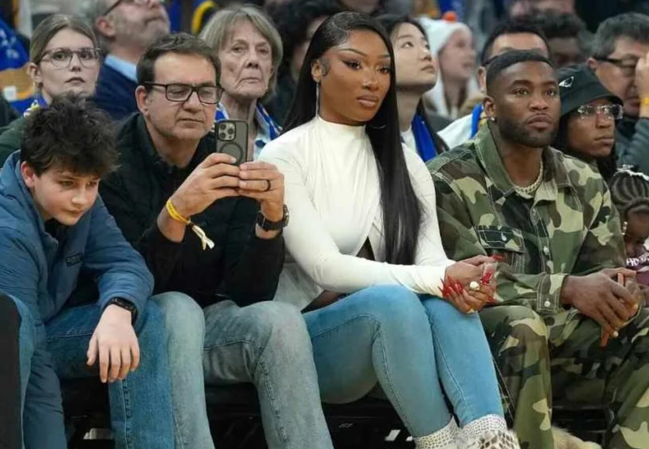 Megan Thee Stallion courtside in high-slit top at Mavericks game