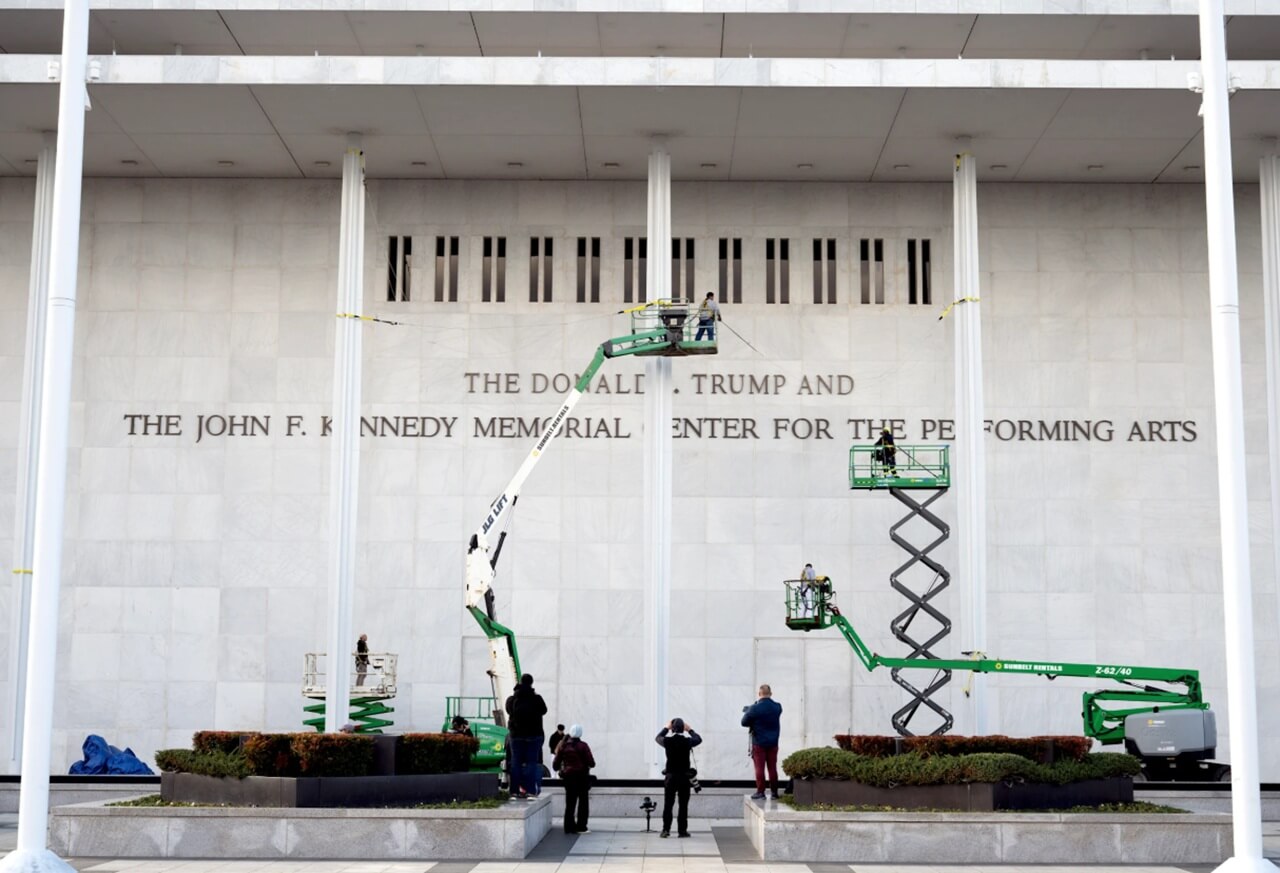 The Kennedy Center in Washington, D.C., seen at night as multiple concerts face cancellation.