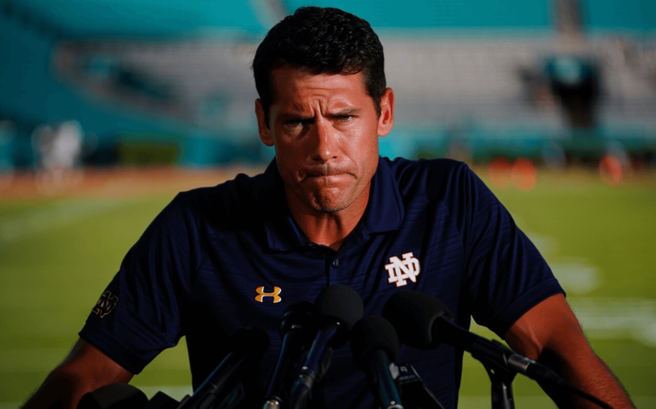 Pete Bevacqua addresses media during Notre Dame press conference over CFP controversy.