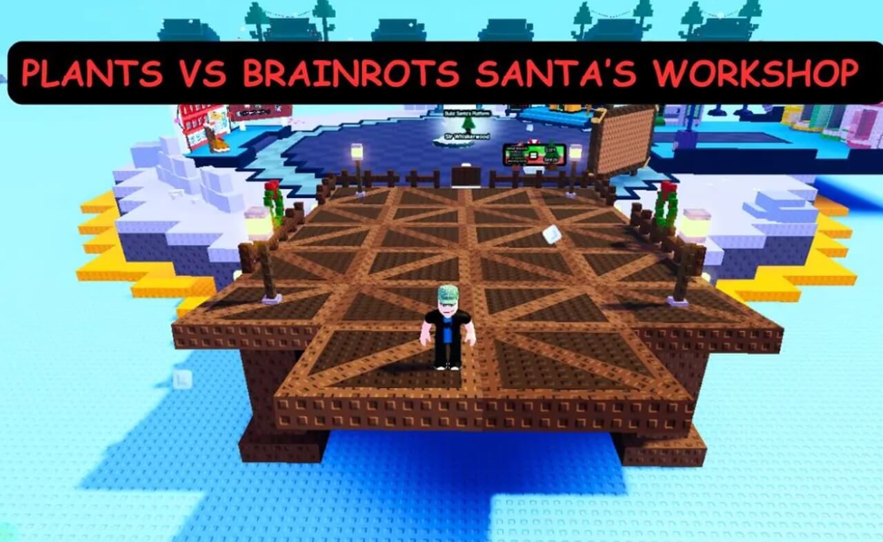 Santa’s Workshop under construction in Plants vs Brainrots winter event.