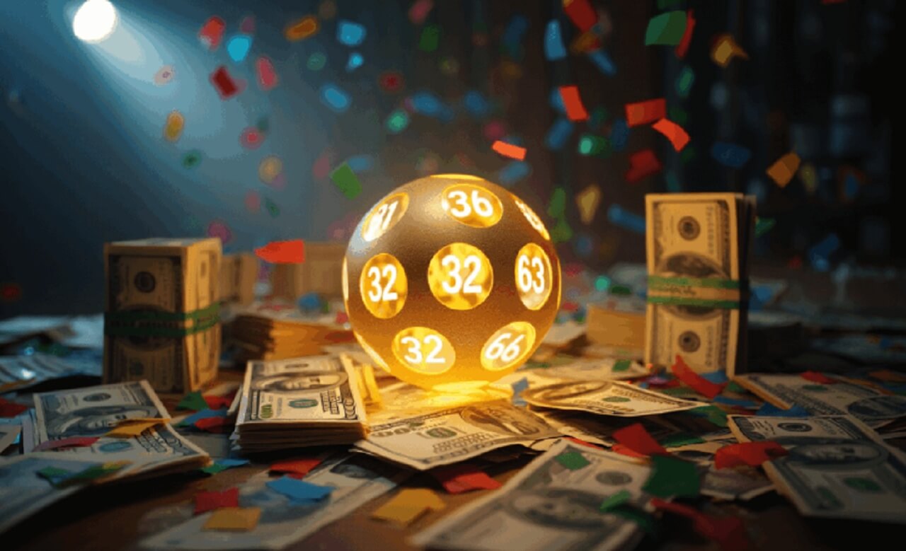 Powerball lottery balls and tickets representing the $875 million jackpot drawing.