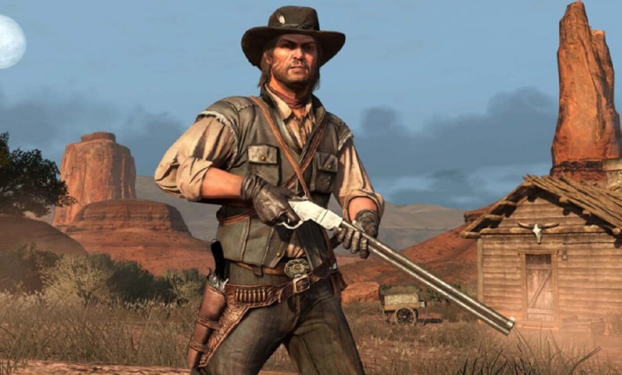John Marston on horseback in a sunset desert scene from Red Dead Redemption.