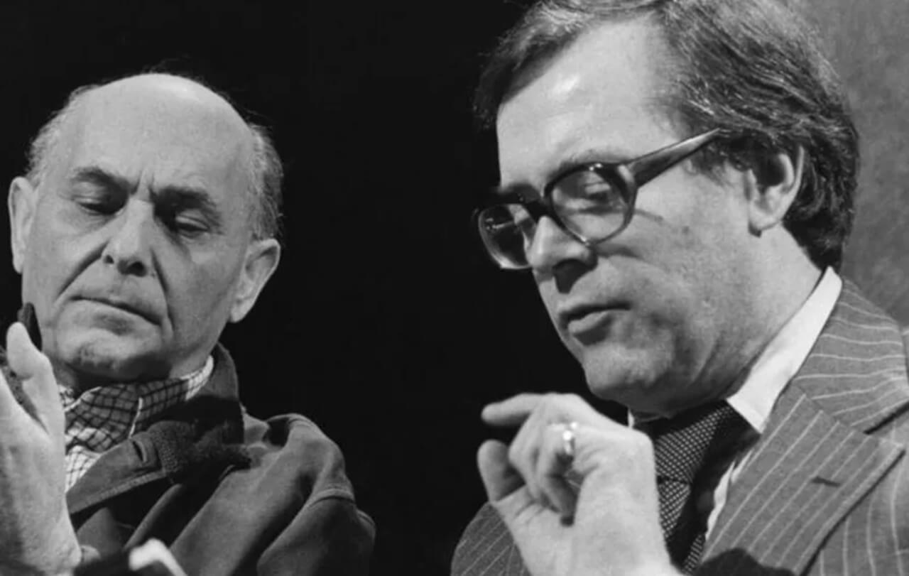 Sir Humphrey Burton with conductor Sir George Solti on BBC programme