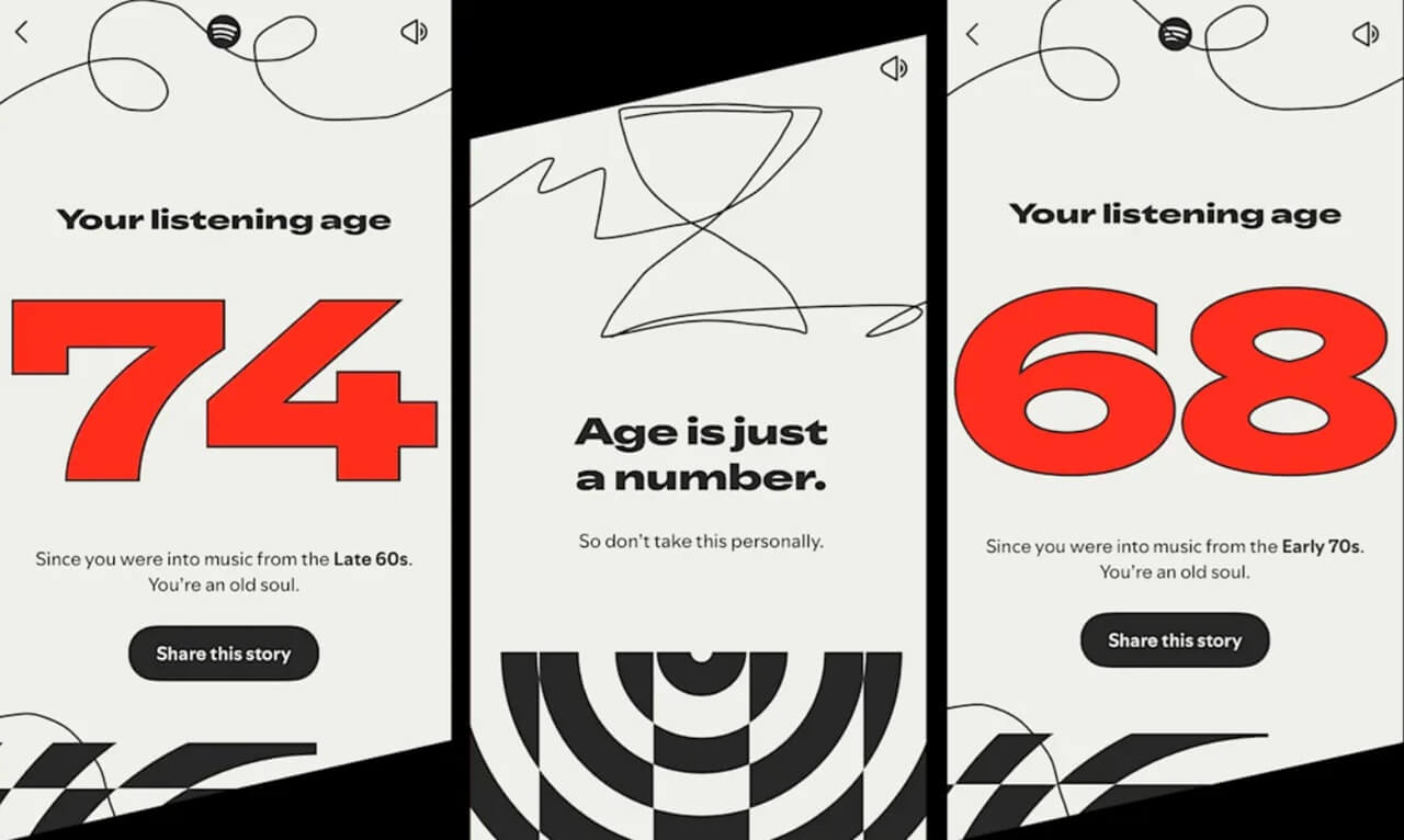 Spotify Wrapped screens showing personalized listening statistics and listening age feature.