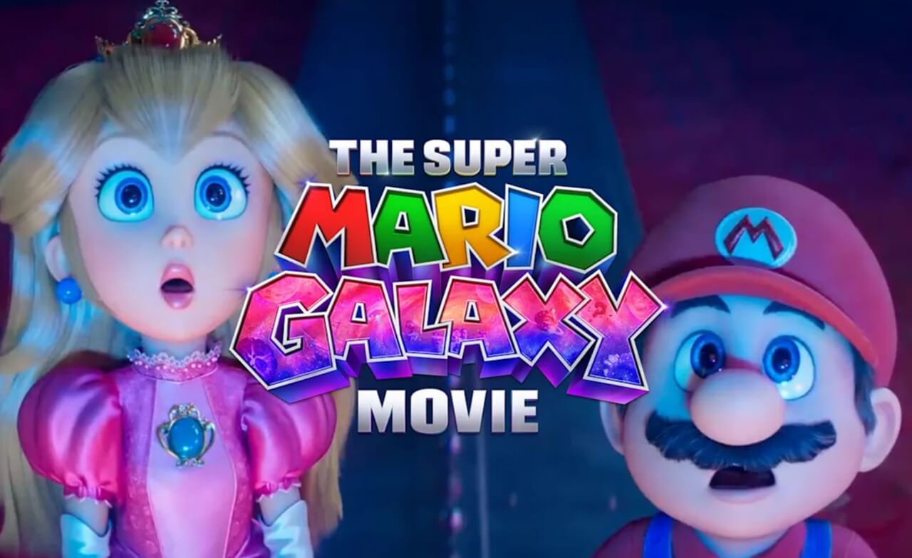 Poster of The Super Mario Galaxy Movie featuring Mario, Luigi, Peach, Bowser, and Rosalina.