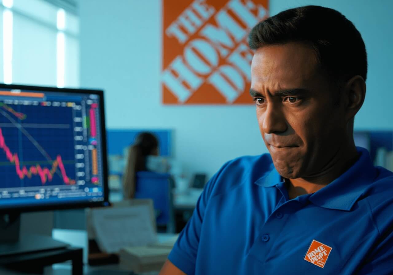 Home Depot store exterior with downward stock trend graphic representing market decline after cautious guidance.