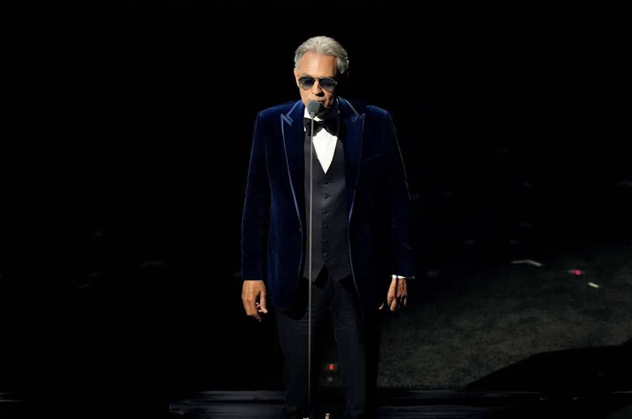 Andrea Bocelli performing live before the Milan Cortina Winter Olympics.