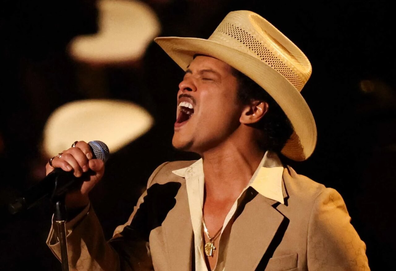 Bruno Mars performing on stage during The Romantic Tour.