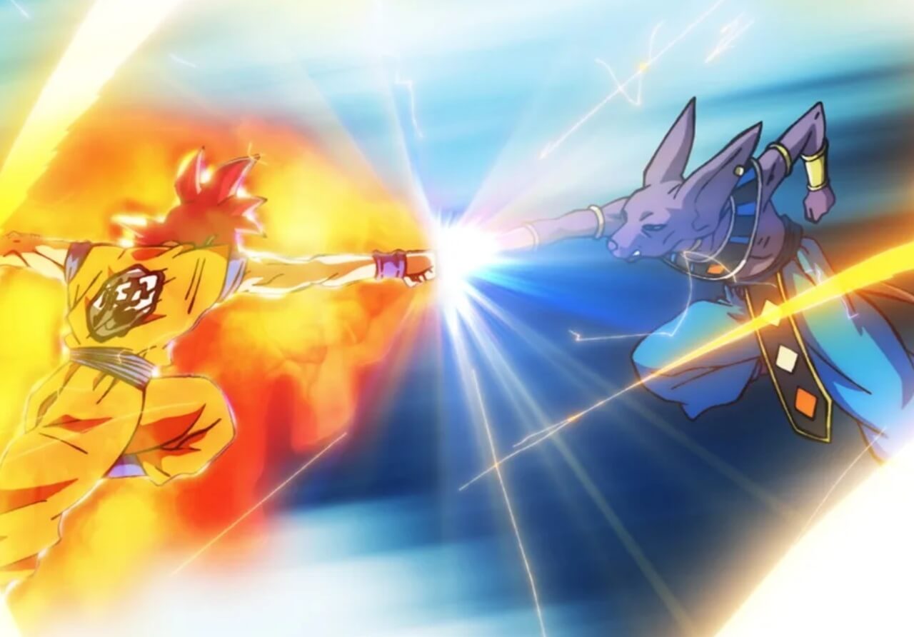 Dragon Ball Super: Beerus key visual featuring Goku and Beerus in remastered anime style.