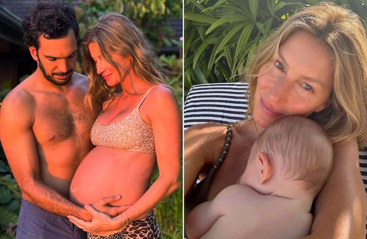 Gisele Bündchen holding her baby boy with husband Joaquim Valente