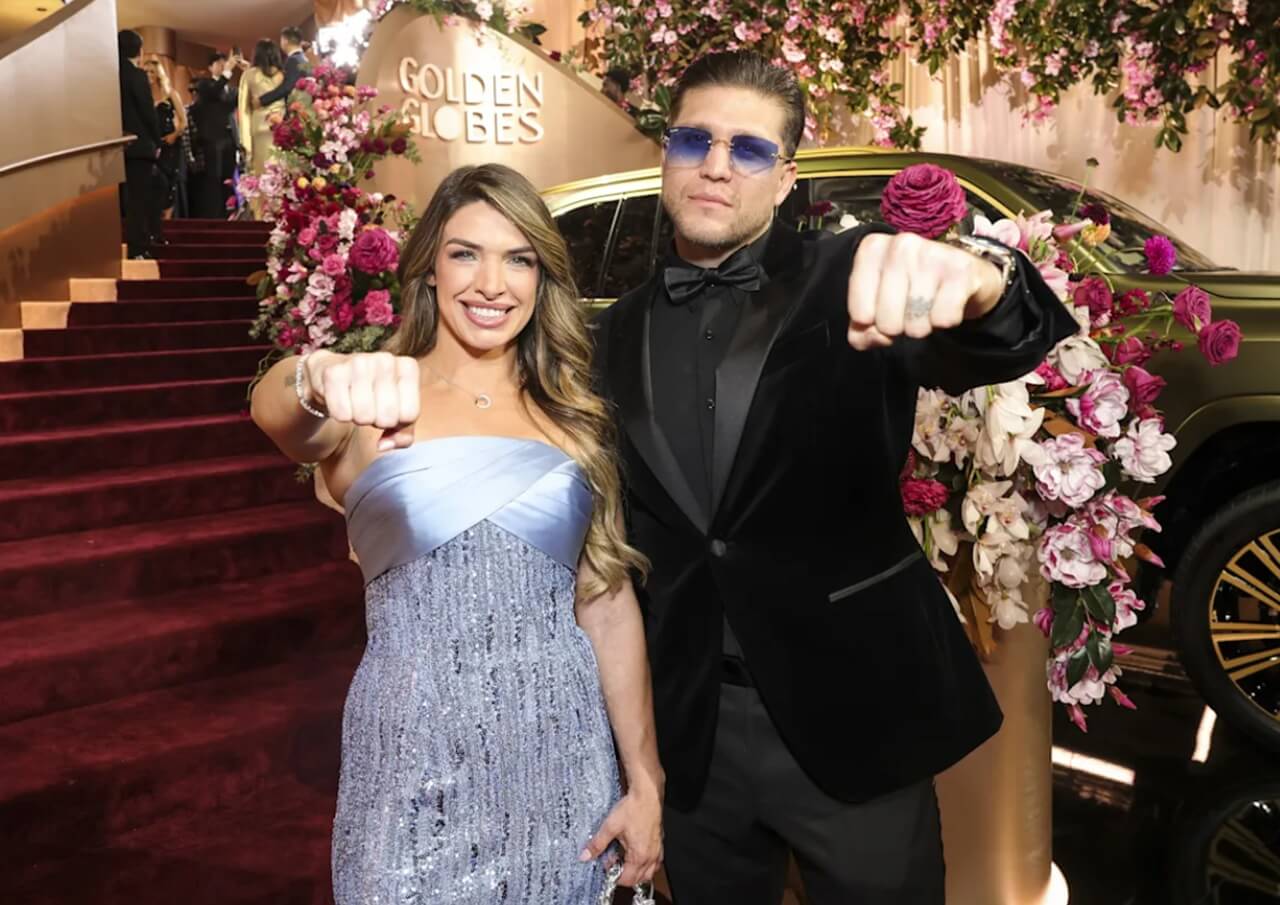 UFC fighters Mackenzie Dern and Brian Ortega cameo at Golden Globes in tracksuits.