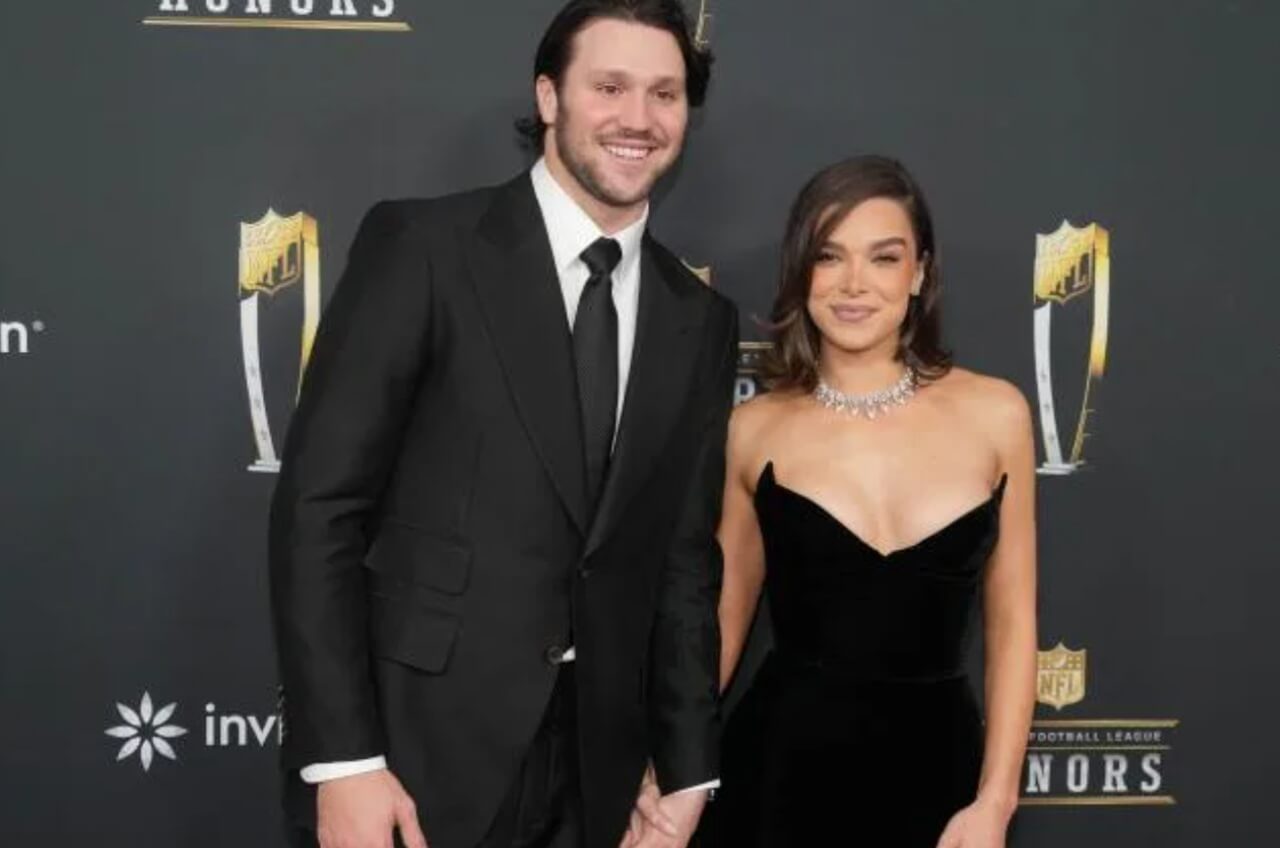 Josh Allen and Hailee Steinfeld pose together at a Hollywood premiere.