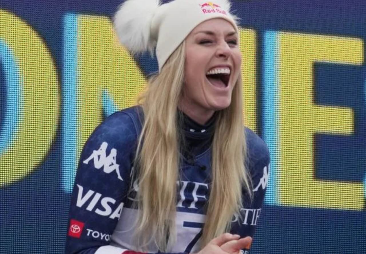 Lindsey Vonn competing in the Super-G at the 2025 World Cup while preparing for the 2026 Winter Olympics.