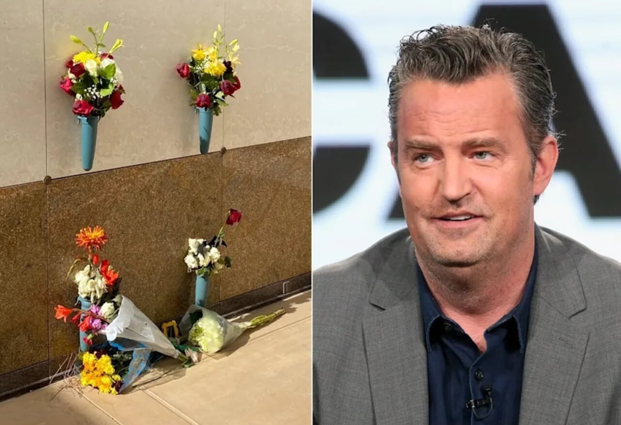 Matthew Perry’s gravesite at Forest Lawn Memorial Park featuring a new plaque with a Friends tribute.