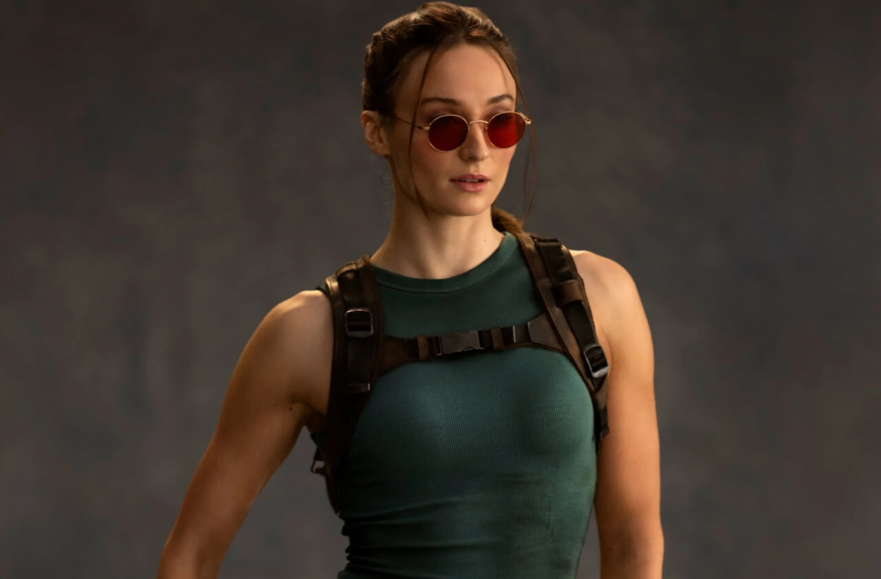 Sophie Turner as Lara Croft in Prime Video’s Tomb Raider reboot, wearing Croft’s classic outfit.