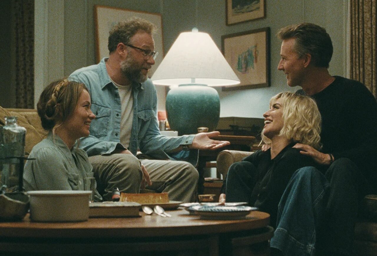 Olivia Wilde, Seth Rogen, Penélope Cruz, and Edward Norton in The Invite dinner-party dramedy.