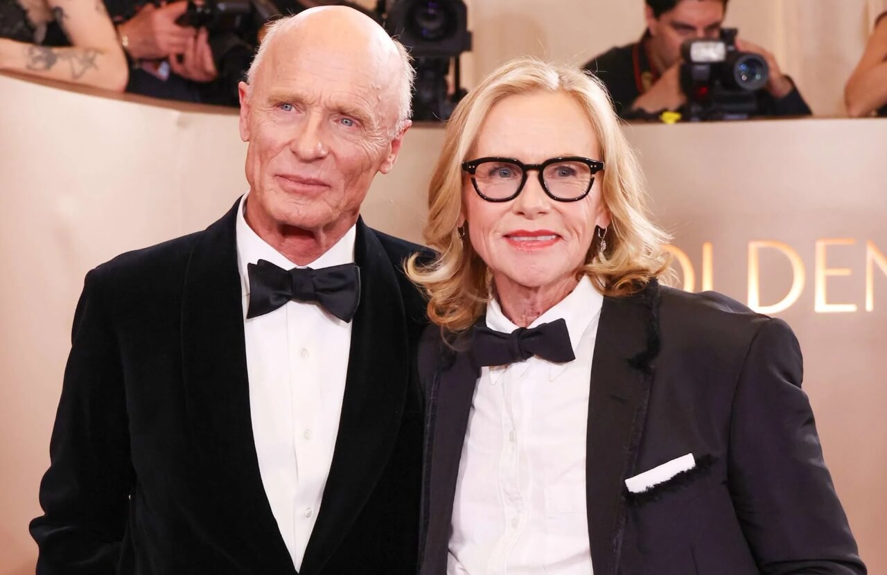 Amy Madigan and Ed Harris at the 2026 Golden Globes, celebrating her Oscar nomination.