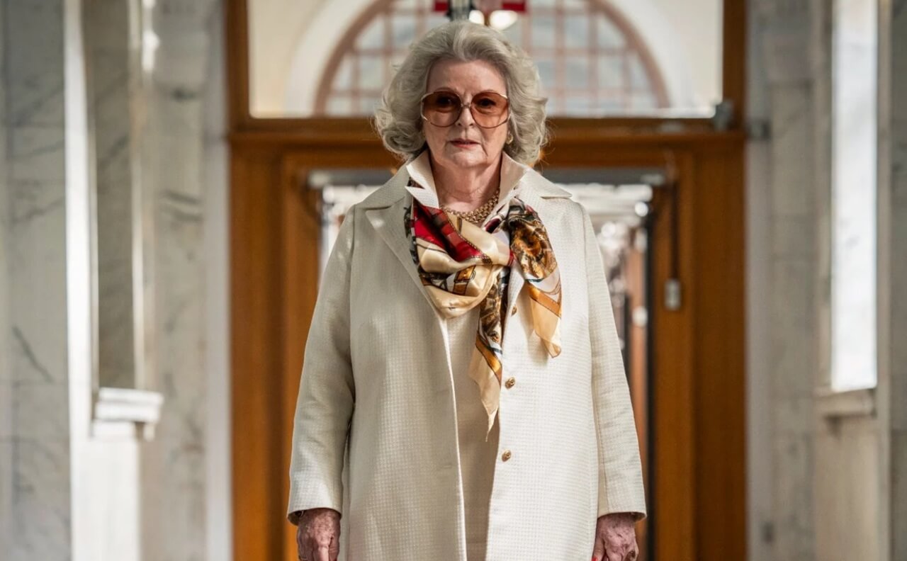 Brenda Blethyn as Emma Harte in A Woman of Substance, overlooking New York skyline.