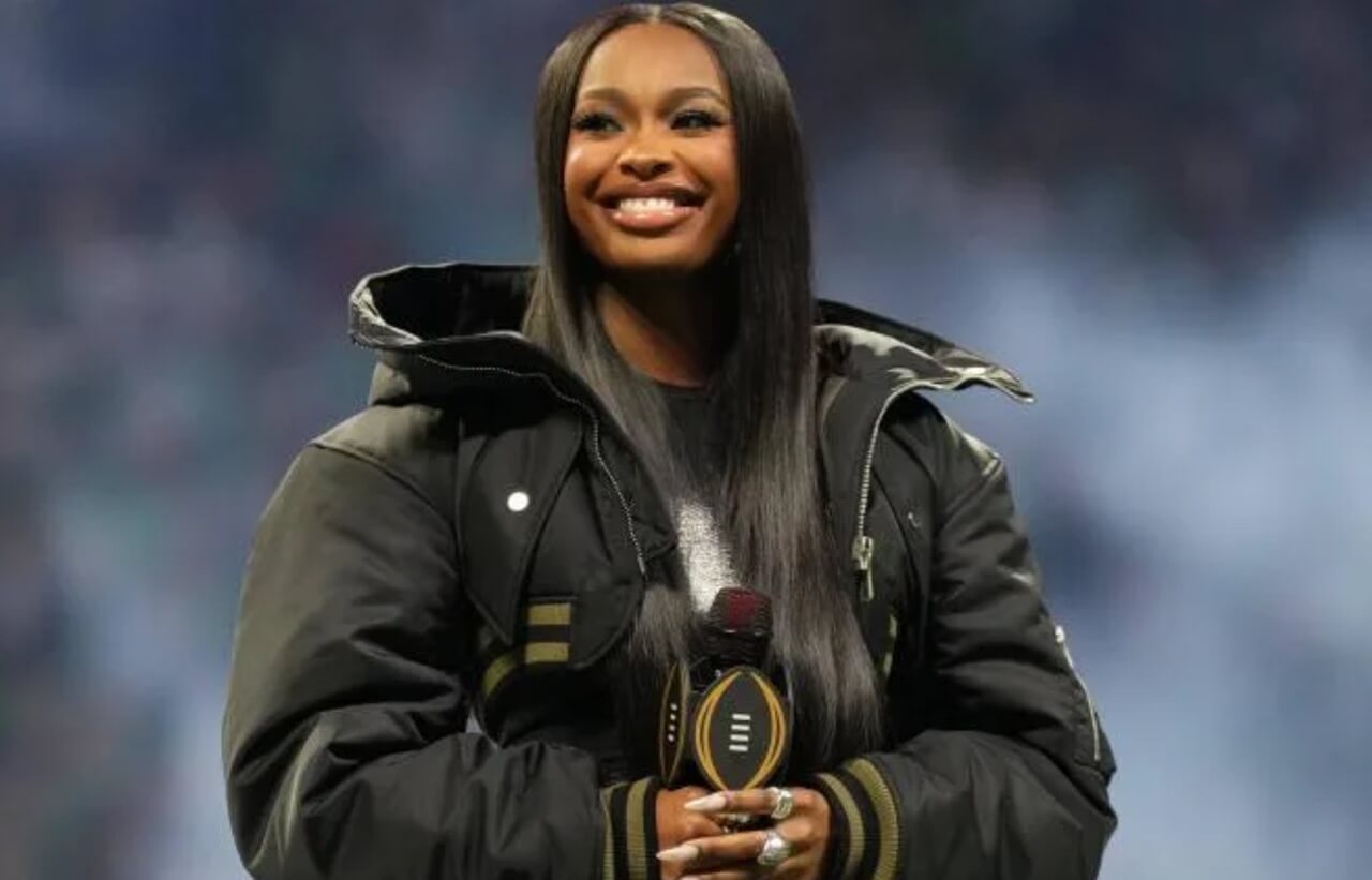 Coco Jones singing “Lift Every Voice and Sing” at Super Bowl 60 pregame show.