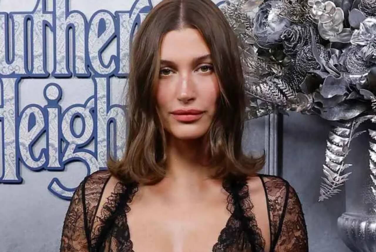 Hailey Bieber in Magda Butrym lace cami and slip skirt on pasta date