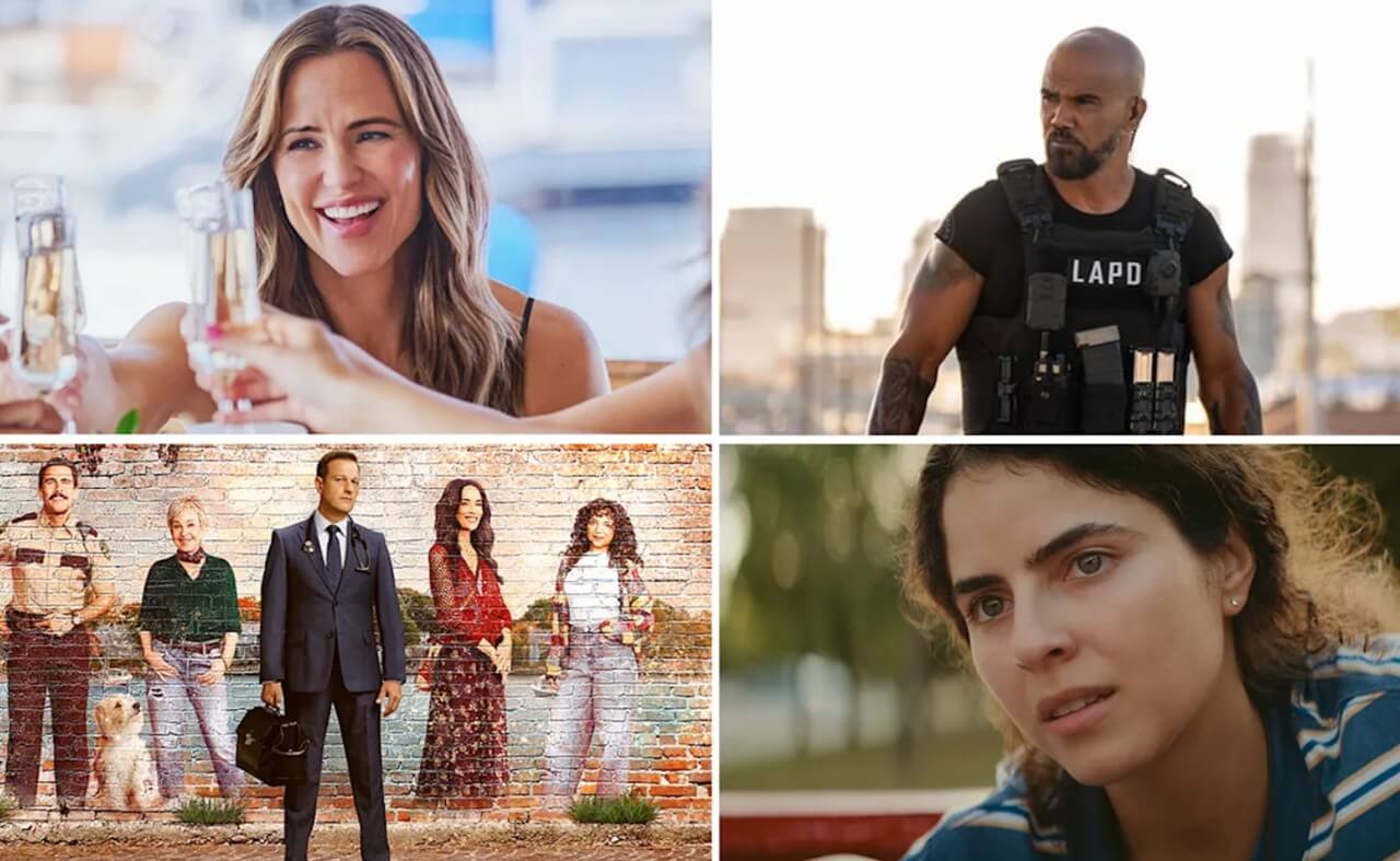 Industry executives at London TV Screenings with show banners from Hollywood studios.